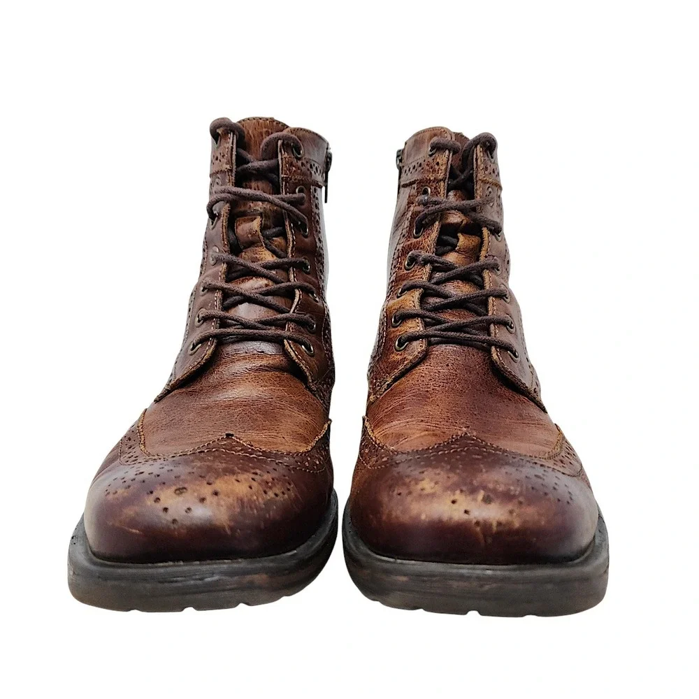 Aston Grey Wingtip Combat Boots 9 Mens Brown Leather Oxford Zip Up Distressed